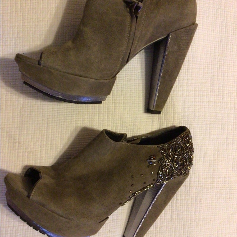 Taupe suede high heel booties w/ beading